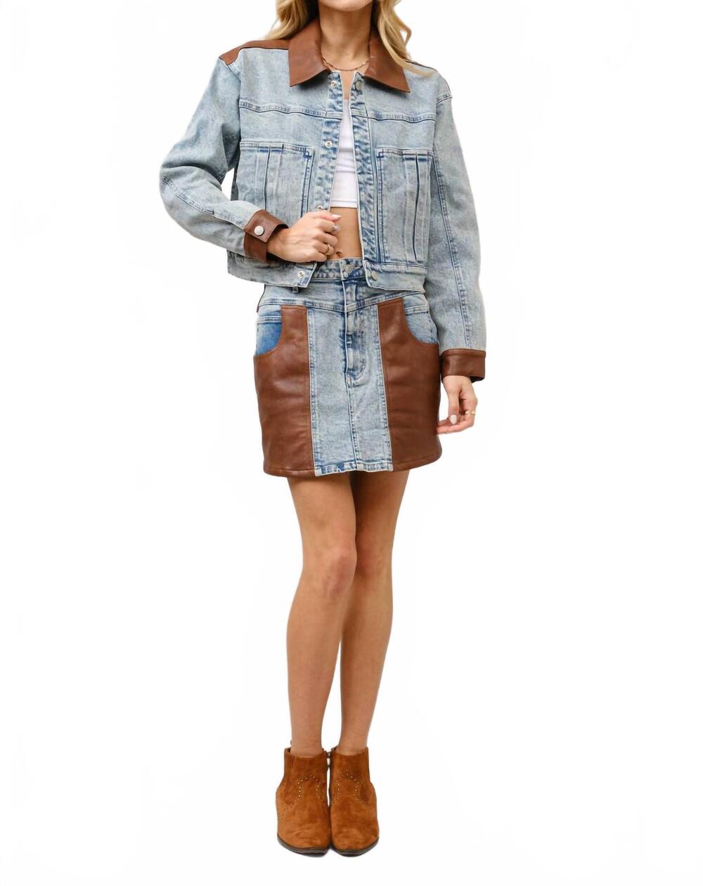 NEW BLUE B faux leather color block denim jacket in light wash